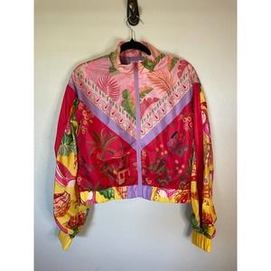 Farm Rio | Pink, Purple, Yellow Mixed Scarves Tropical Windbreaker Jacket Size M